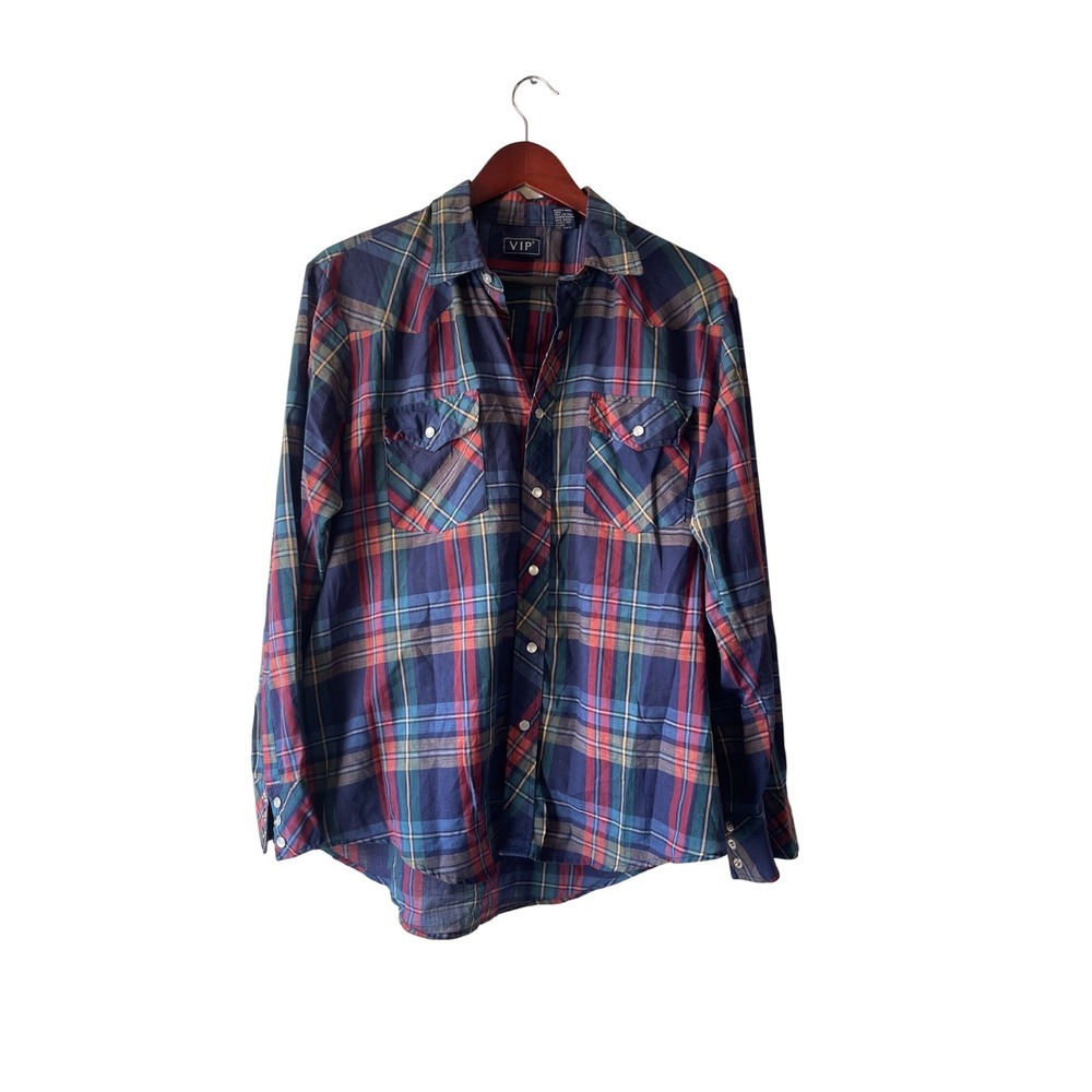 Vintage Western Plaid Down Shirt Navy Red Green Snap button Large